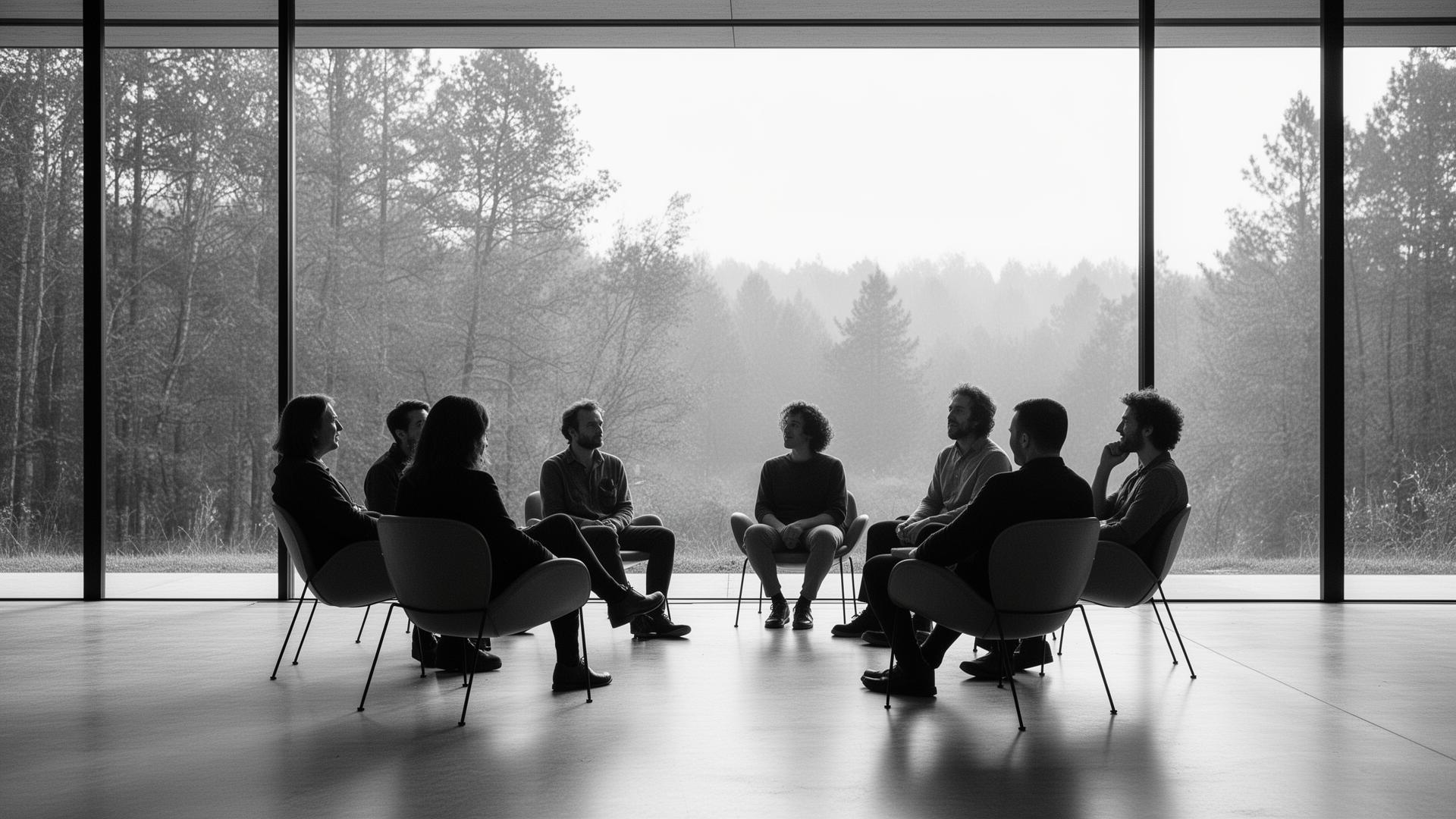 Peer circle in a glass-walled pavilion
